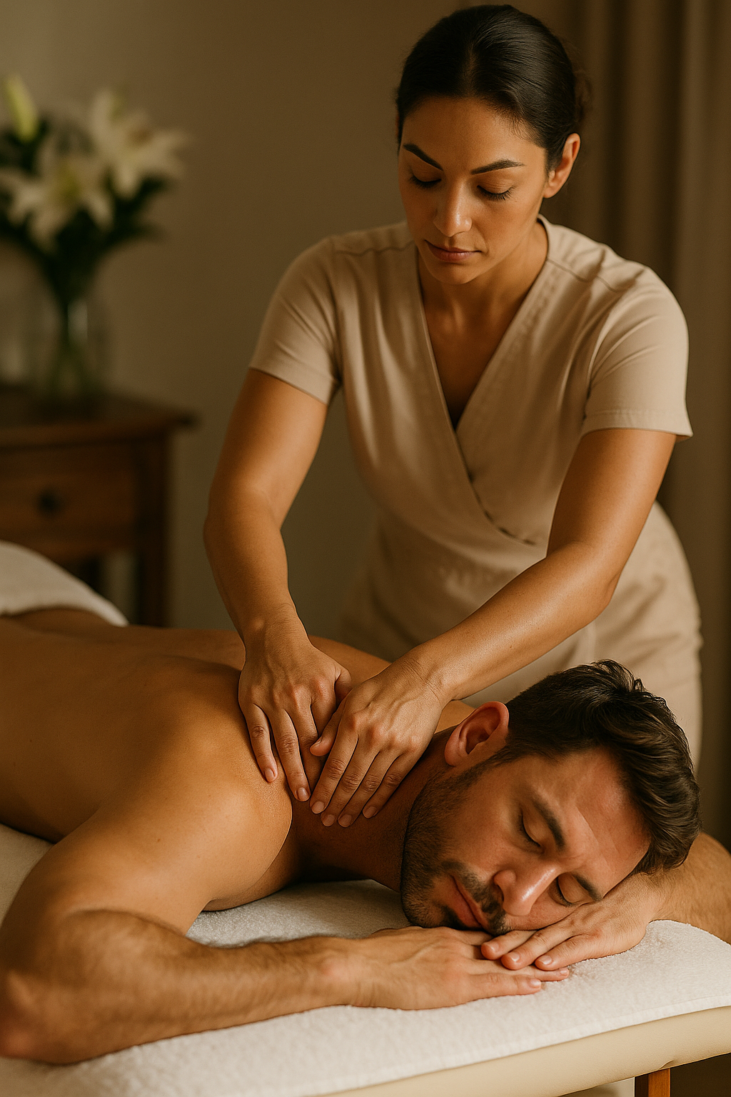 Therapist performing deep tissue massage focusing on specific muscle groups